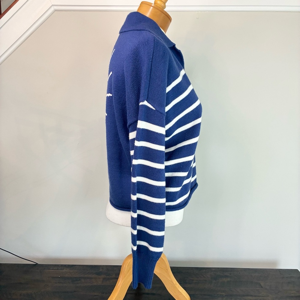 Kerri Rosenthal Womens Radiant Heart Polo Sweater Blue White Striped NWT Size XS - Picture 3 of 9